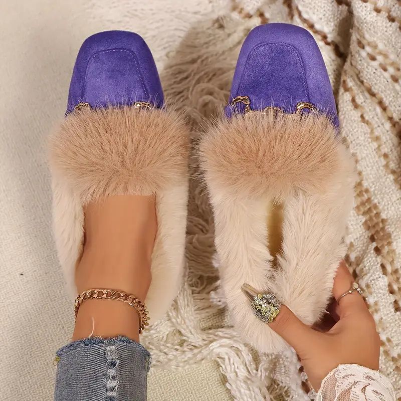 Comfortable Slippers for Women with Faux Fur Trim Chain Detail Suede Look Mule Style