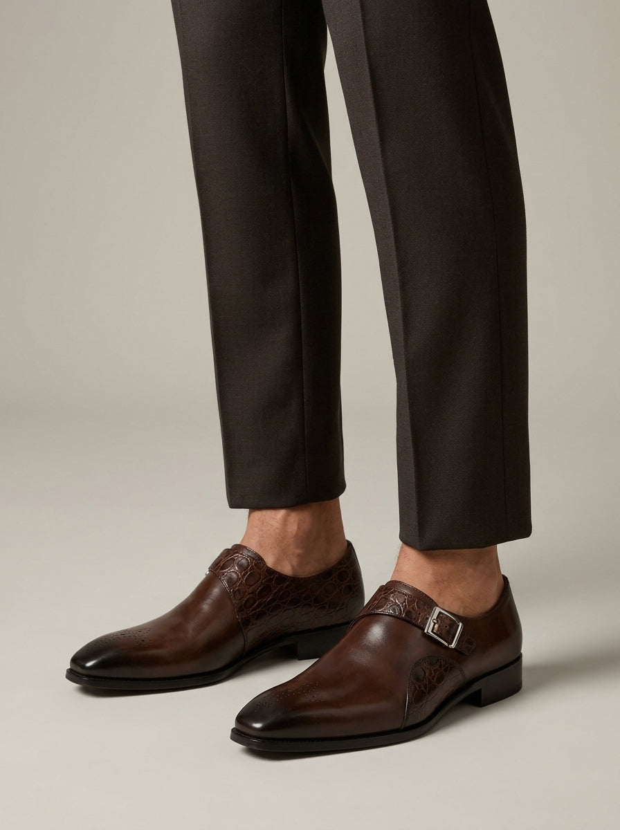 Elegant Brown Leather Monk Strap Shoe for Women with Croc Embossed Cap Toe Buckle Detail Formal Party Style