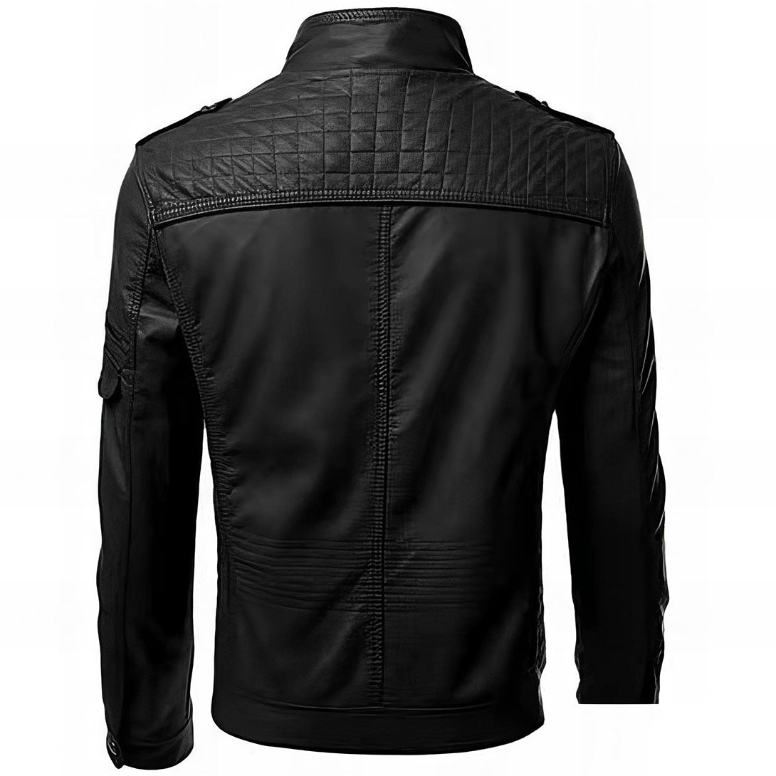 Stylish Black Leather Jacket for Women with Stand Collar Long Sleeve Quilted Shoulder Biker Style