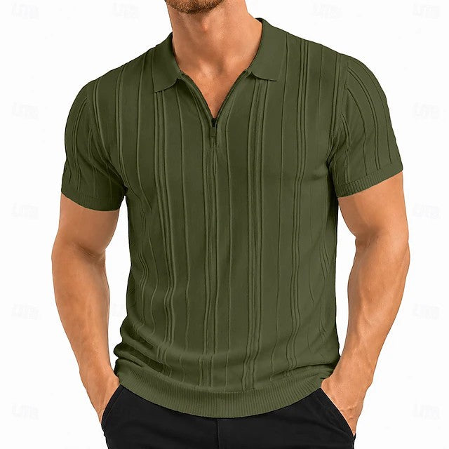 Comfortable Ribbed Knit Polo Shirt for Women with Zip Neck Short Sleeve Textured Fitted Casual Style