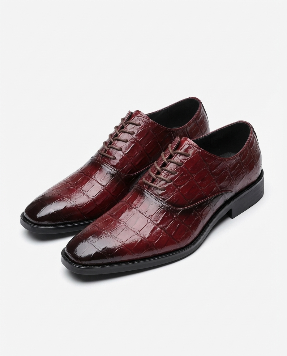 Elegant Crocodile Embossed Leather Oxford Shoes for Women with Lace Up Cap Toe Stacked Heel Classic Style