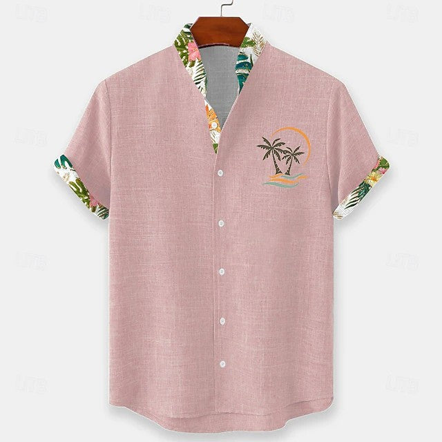 Effortless Tropical Print Linen Shirt for Women with Camp Collar Short Sleeve Contrast Trim Button Front Casual Style