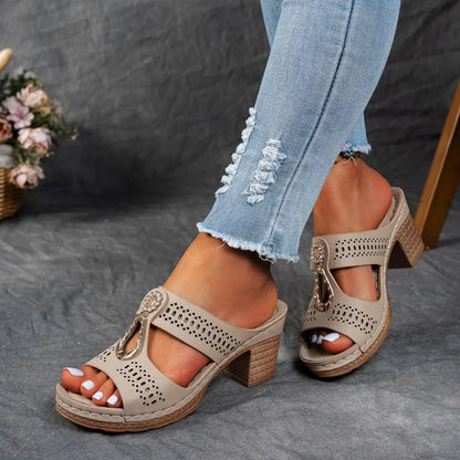 Comfortable Mules Heels for Women with Metal Ring Detail Block Heel Open Toe Slip On Style