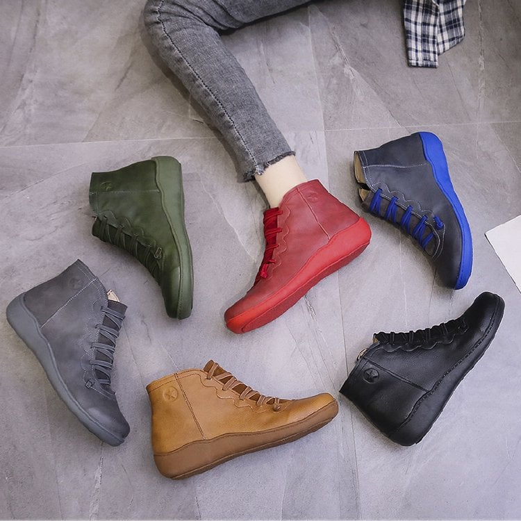 Comfortable Leather Ankle Boots for Women with Lace Up Zipper Wedge Sole Casual Style