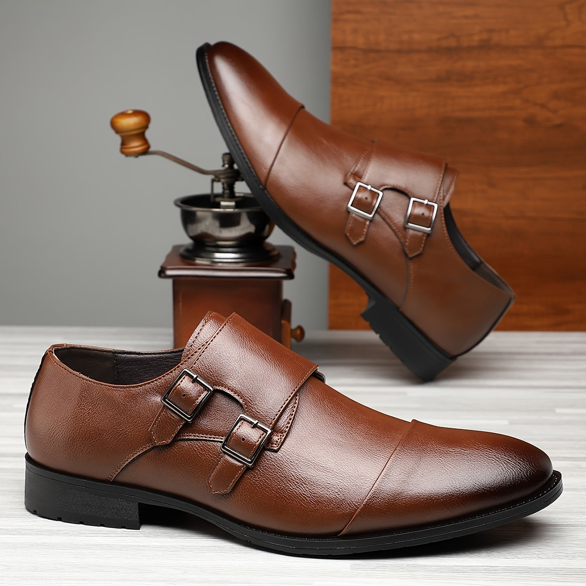 Elegant Leather Monk Strap Shoe for Women with Double Buckle Cap Toe Loafer Style