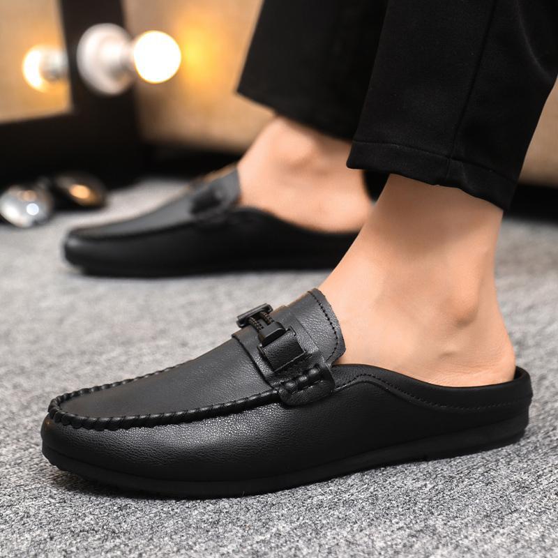 Stylish Leather Loafer Mule for Women with Moc Toe Woven Trim Buckle Strap Slip On Style