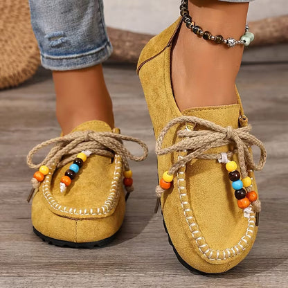 Comfortable Loafers for Women with Beaded Lace Detail Moccasin Stitch Platform Sole