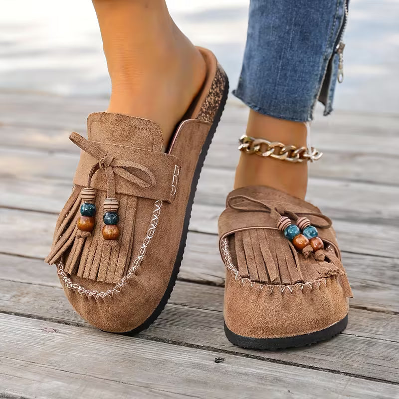Stylish Mules for Women with Fringe Tassel Beaded Suede Slip On Moccasin Style