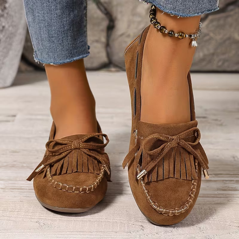 Comfortable House Shoes for Women with Fringe Bow Suede Moccasin Slip On Style