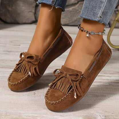 Comfortable House Shoes for Women with Fringe Bow Suede Moccasin Slip On Style