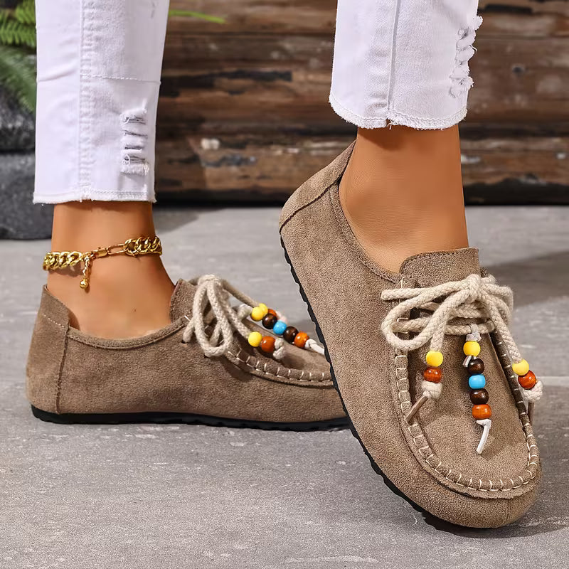Comfortable Loafers for Women with Beaded Lace Detail Moccasin Stitch Platform Sole