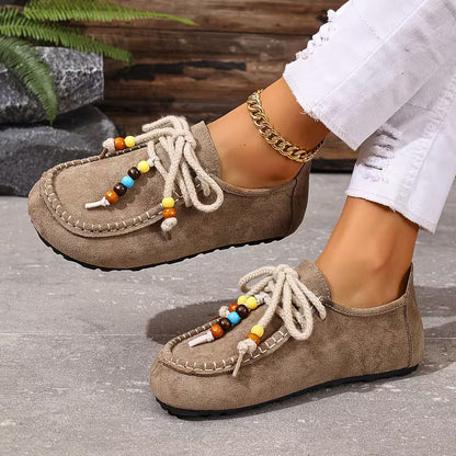 Comfortable Loafers for Women with Beaded Lace Detail Moccasin Stitch Platform Sole