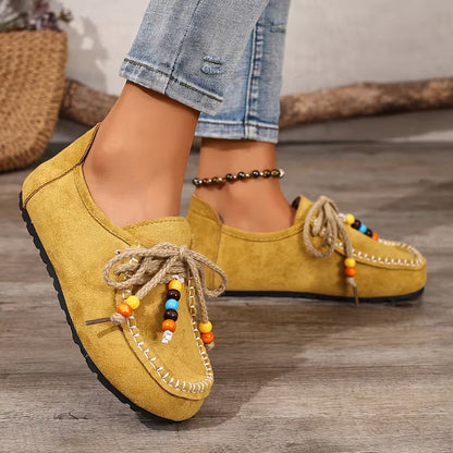 Comfortable Loafers for Women with Beaded Lace Detail Moccasin Stitch Platform Sole