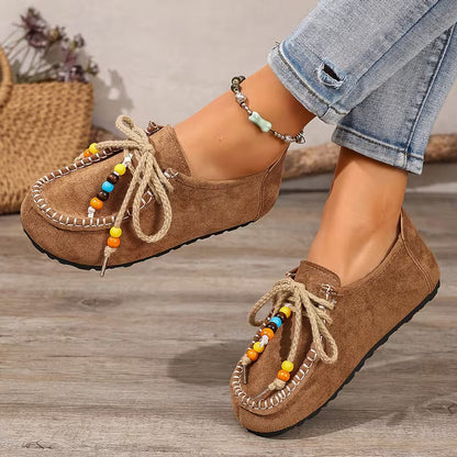 Comfortable Loafers for Women with Beaded Lace Detail Moccasin Stitch Platform Sole