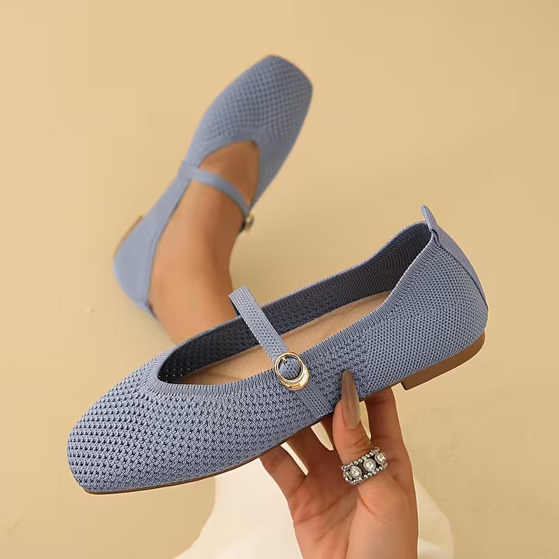Comfortable Mary Jane Shoes for Women with Knit Upper Buckle Strap Flat Ballet Style