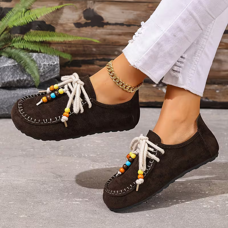 Comfortable Loafers for Women with Beaded Lace Detail Moccasin Stitch Platform Sole