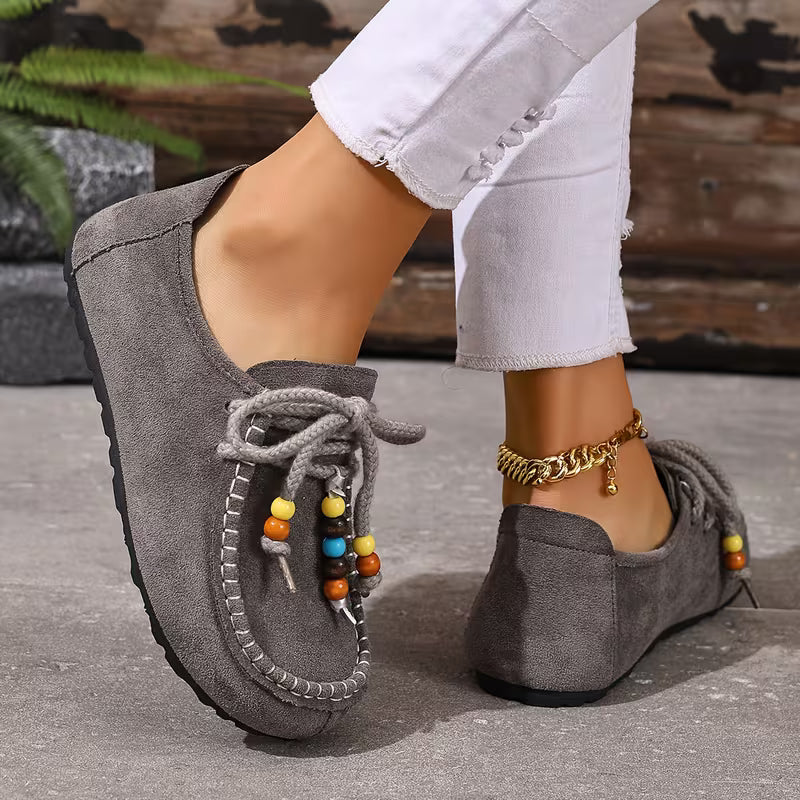 Comfortable Loafers for Women with Beaded Lace Detail Moccasin Stitch Platform Sole