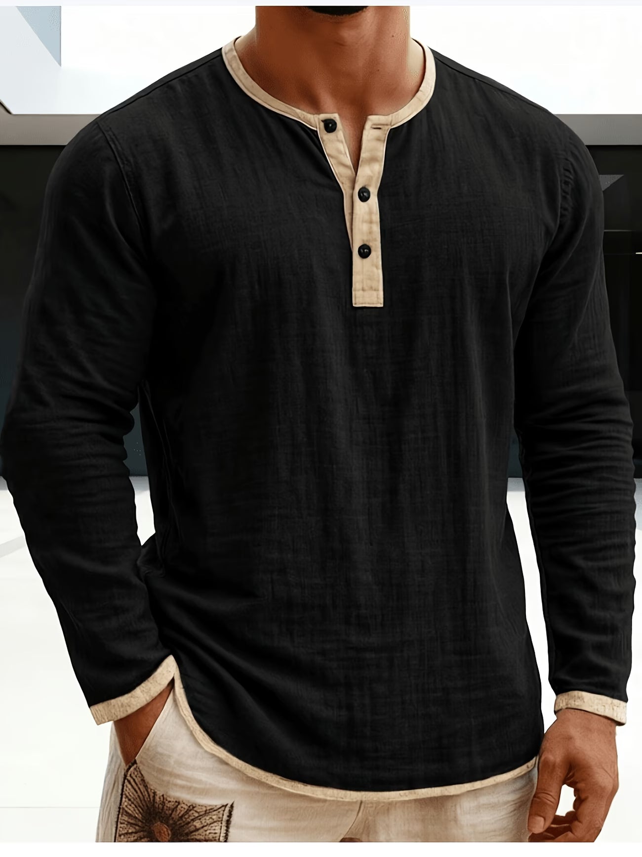 Effortless Linen Henley Shirt for Women with Contrast Trim Button Placket Long Sleeve Relaxed Style