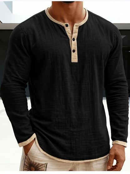 Effortless Linen Henley Shirt for Women with Contrast Trim Button Placket Long Sleeve Relaxed Style