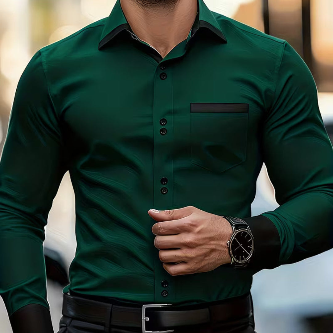 Elegant Contrast Trim Button Up Shirt for Women with Point Collar Long Sleeve Chest Pocket Relaxed Style