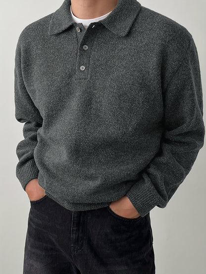 Comfortable Olive Green Knit Polo Sweater for Women with Collar Long Sleeve Button Placket Relaxed Oversized Style