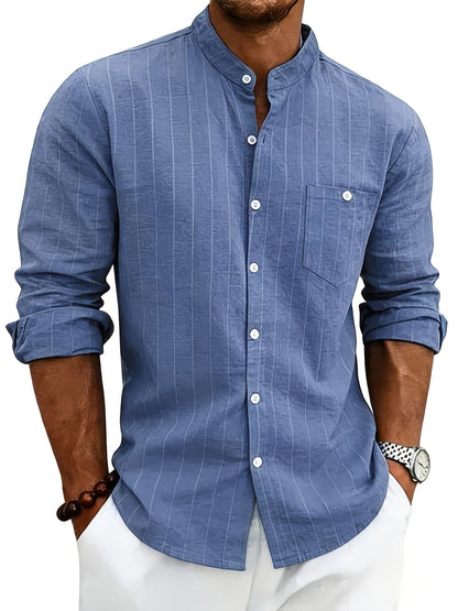 Effortless White Pinstripe Linen Shirt for Women with Band Collar Long Sleeve Button Front Relaxed Style