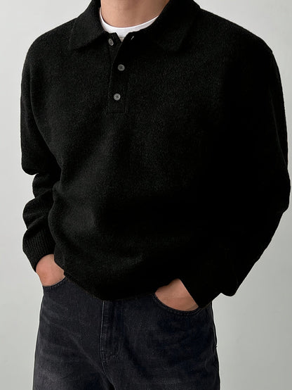 Comfortable Olive Green Knit Polo Sweater for Women with Collar Long Sleeve Button Placket Relaxed Oversized Style