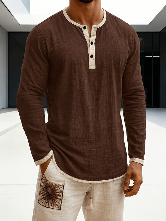 Effortless Linen Henley Shirt for Women with Contrast Trim Button Placket Long Sleeve Relaxed Style