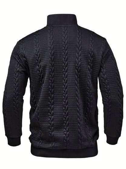 Comfortable Black Cable Knit Sweater for Women with Mock Neck Long Sleeve Button Placket Casual Style