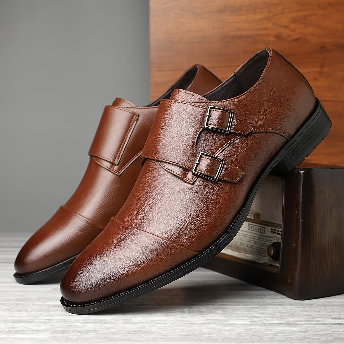 Elegant Leather Monk Strap Shoe for Women with Double Buckle Cap Toe Loafer Style
