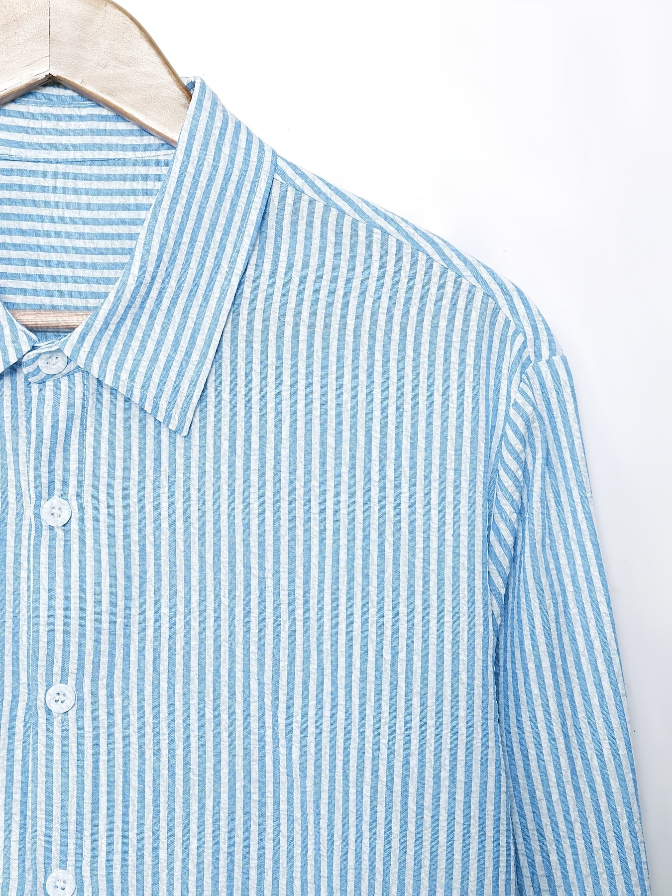 Effortless Blue Striped Cotton Button Down Shirt for Women with Collar Long Sleeve Relaxed Casual Style