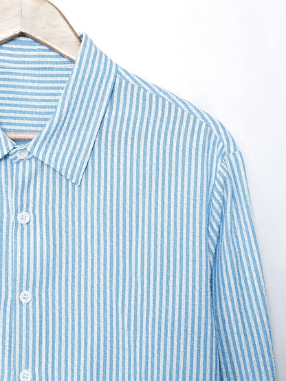 Effortless Blue Striped Cotton Button Down Shirt for Women with Collar Long Sleeve Relaxed Casual Style