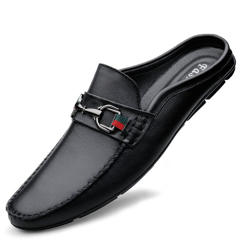 Effortless Leather Mule Loafer for Women with Horsebit Buckle Woven Panel Backless Casual Style