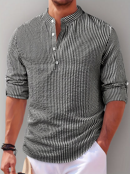 Effortless Striped Henley Shirt for Women with Banded Collar Long Sleeve Relaxed Casual Style