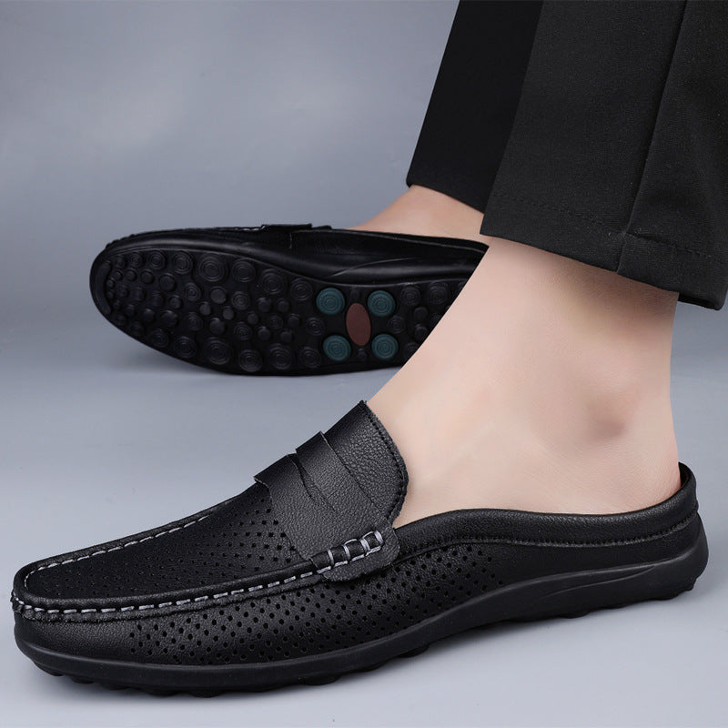Effortless Perforated Leather Loafer Mule for Women with Backless Penny Strap Slip On Casual Style