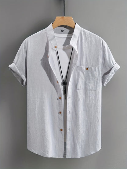 Effortless Linen Shirt for Women with Stand Collar Short Sleeve Button Front Relaxed Casual Style