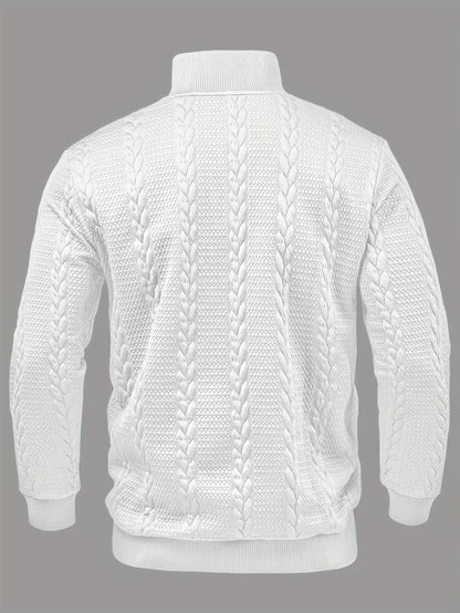 Comfortable Black Cable Knit Sweater for Women with Mock Neck Long Sleeve Button Placket Casual Style