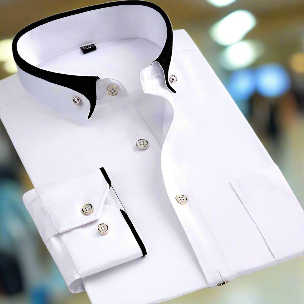 Elegant Contrast Trim Dress Shirt for Women with Point Collar Long Sleeve Button Front Casual Style
