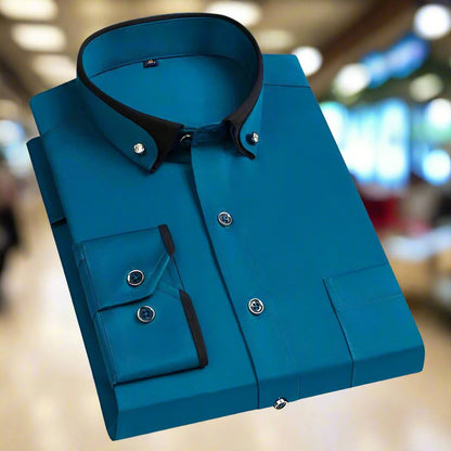 Elegant Contrast Trim Dress Shirt for Women with Point Collar Long Sleeve Button Front Casual Style