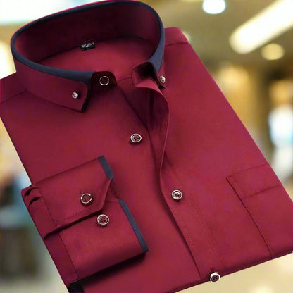 Elegant Contrast Trim Dress Shirt for Women with Point Collar Long Sleeve Button Front Casual Style