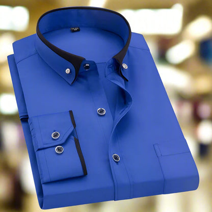 Elegant Contrast Trim Dress Shirt for Women with Point Collar Long Sleeve Button Front Casual Style