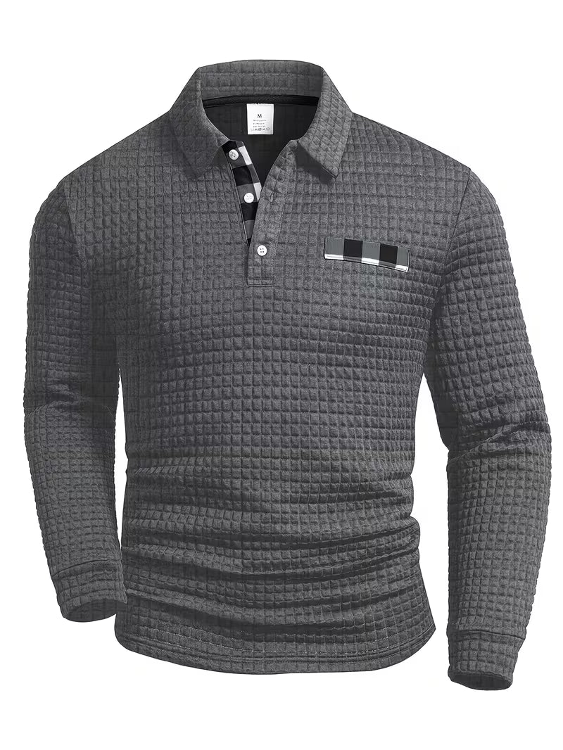 Comfortable Waffle Knit Polo Shirt for Women with Collared Long Sleeve Button Placket Plaid Trim Casual Style