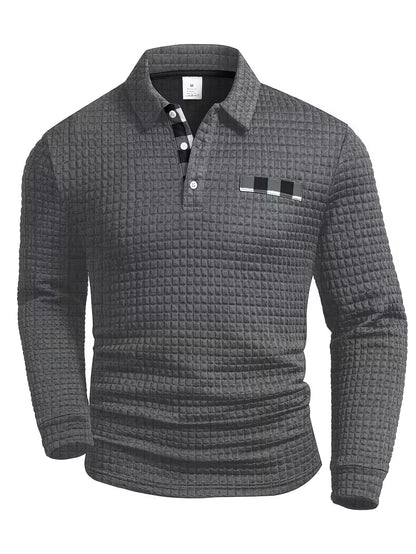 Comfortable Waffle Knit Polo Shirt for Women with Collared Long Sleeve Button Placket Plaid Trim Casual Style