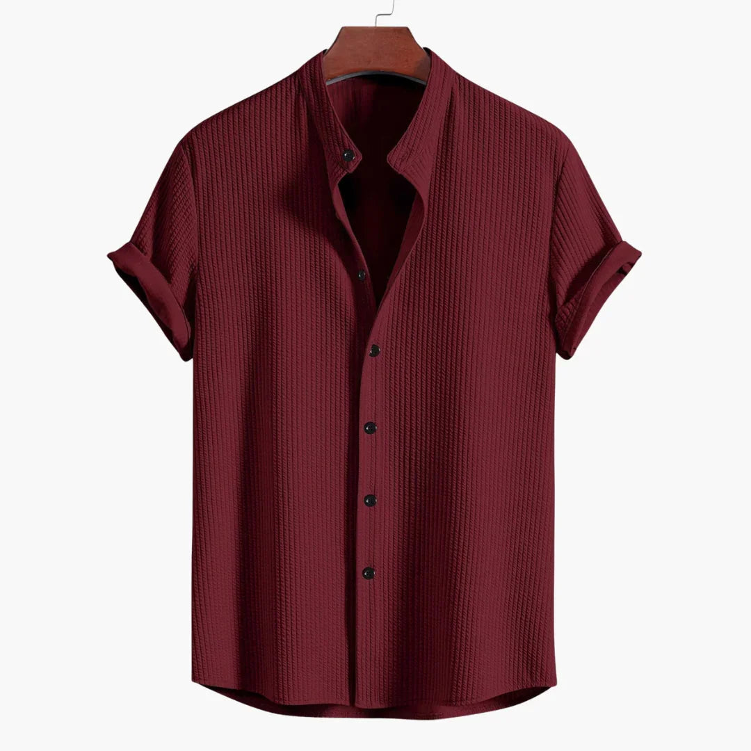 Effortless Textured Button Up Shirt for Women with Band Collar Short Sleeve Relaxed Casual Style