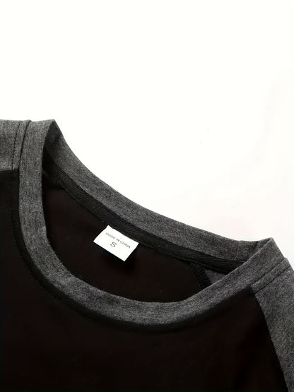 Effortless Black and Grey Colorblock Raglan Shirt for Women with Crew Neck Long Sleeve Relaxed Casual Style