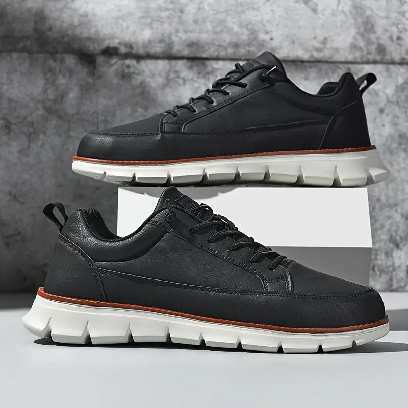 Comfortable Leather Fashion Sneaker for Women with Lace-Up Collar Low Top Chunky Lug Sole Casual Style