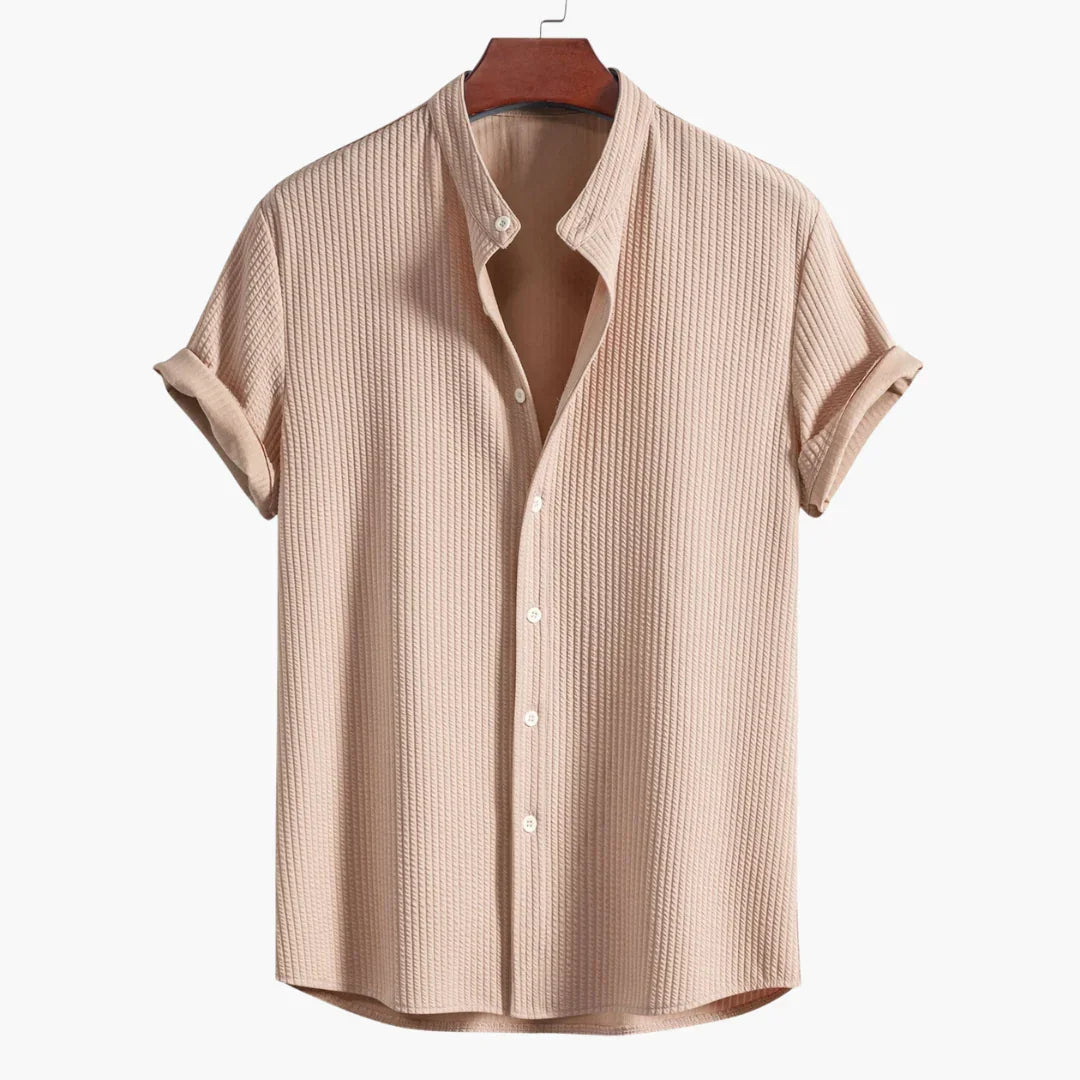 Effortless Textured Button Up Shirt for Women with Band Collar Short Sleeve Relaxed Casual Style