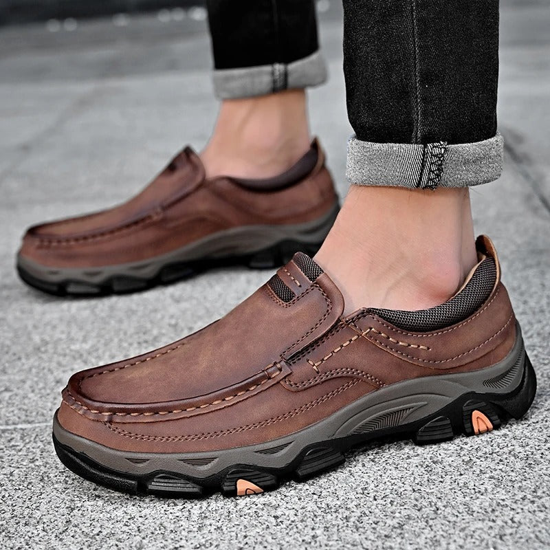 Comfortable Leather Moc Toe Loafer for Women with Slip-On Rugged Sole Stitched Detail Casual Style