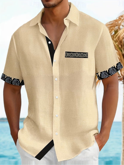Effortless Linen Blend Button Up Shirt for Women with Collar Short Sleeve Tropical Trim Relaxed Casual Style