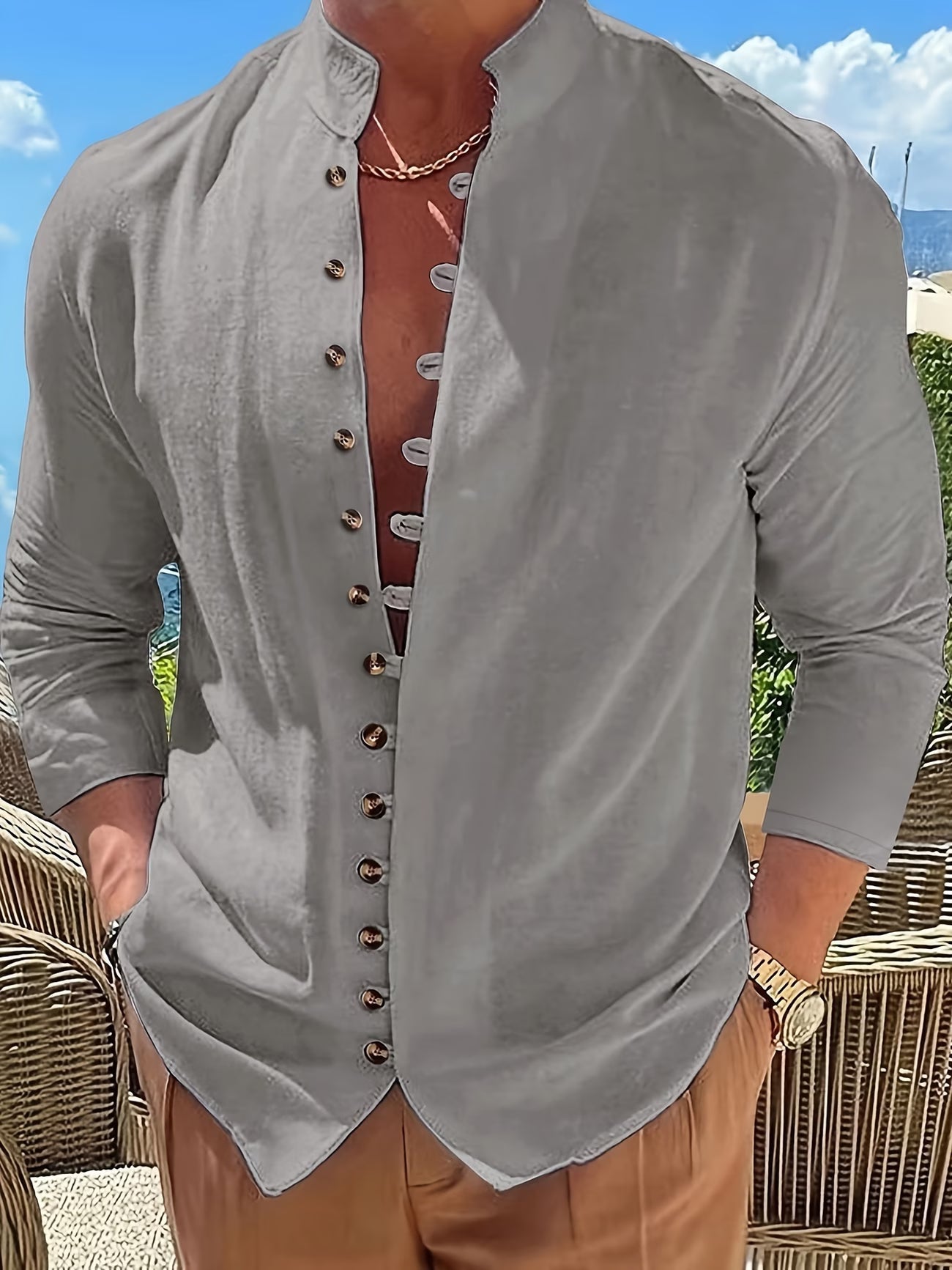 Effortless Linen Shirt for Women with Stand Collar Long Sleeve Button Front Curved Hem Casual Style